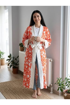 Çiçek Desenli Ekru Manşetli Standart Beden Kimono Turuncu