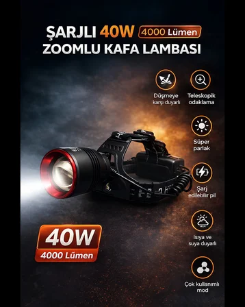 Farissu Q-Max PST2208 4000 Lümen Şarjlı Sensörlü Kafa Lambası 40W Zoomlu Powerbank Özellikli Profesyonel LED Fener