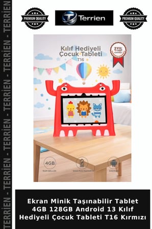 Ekran Minik Taşınabilir Tablet 4GB 128GB Android 13 Kılıf Hediyeli Çocuk Tableti T16 Kırmızı