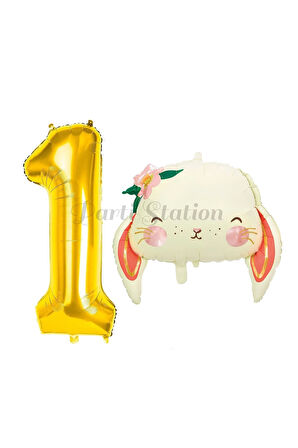 Sevimli Tavşan 4 Yaş Balon Set Woodland Hayvanlar Konsept Tavşan Balon ve Gold Renk Rakam Balon