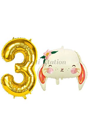 Sevimli Tavşan 4 Yaş Balon Set Woodland Hayvanlar Konsept Tavşan Balon ve Gold Renk Rakam Balon