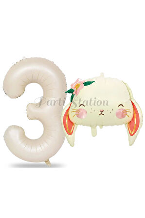 Sevimli Tavşan 7 Yaş Balon Set Woodland Hayvanlar Konsept Tavşan Balon ve Krem Renk Rakam Balon