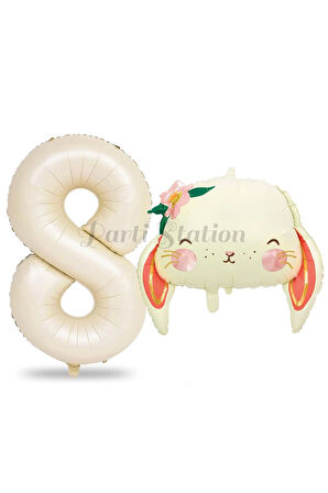 Sevimli Tavşan 7 Yaş Balon Set Woodland Hayvanlar Konsept Tavşan Balon ve Krem Renk Rakam Balon