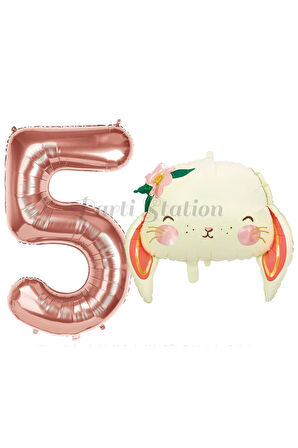 Sevimli Tavşan 1 Yaş Balon Set Woodland Hayvanlar Konsept Tavşan Balon ve Rosegold Renk Rakam Balon