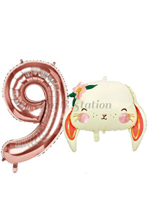 Sevimli Tavşan 1 Yaş Balon Set Woodland Hayvanlar Konsept Tavşan Balon ve Rosegold Renk Rakam Balon