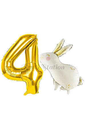 Sevimli Tavşan Rabbit 1 Yaş Balon Set Woodland Konsept Tavşan Balon ve Gold Renk Rakam Balon