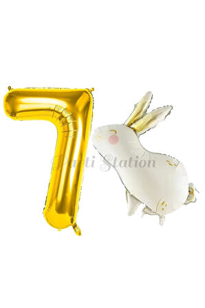 Sevimli Tavşan Rabbit 1 Yaş Balon Set Woodland Konsept Tavşan Balon ve Gold Renk Rakam Balon