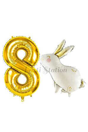 Sevimli Tavşan Rabbit 1 Yaş Balon Set Woodland Konsept Tavşan Balon ve Gold Renk Rakam Balon