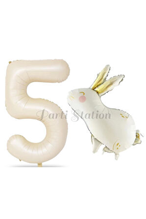 Sevimli Tavşan Rabbit 2 Yaş Balon Set Woodland Konsept Tavşan Balon ve Krem Renk Rakam Balon
