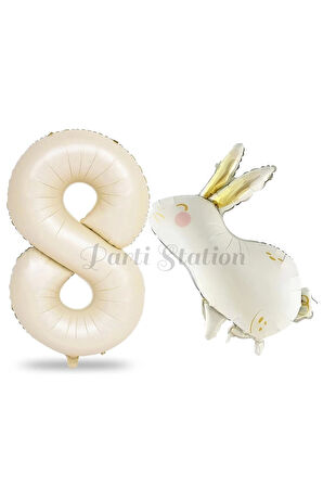 Sevimli Tavşan Rabbit 2 Yaş Balon Set Woodland Konsept Tavşan Balon ve Krem Renk Rakam Balon