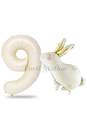 Sevimli Tavşan Rabbit 2 Yaş Balon Set Woodland Konsept Tavşan Balon ve Krem Renk Rakam Balon