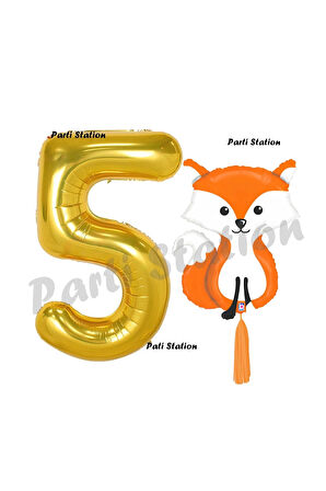 Woodland Tilki Balon 3 Yaş Balon Set Sevimli Tilki Balon ve Gold Rakam Balon Doğum Günü Seti