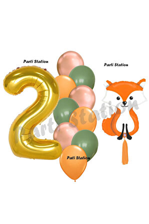 Woodland Tilki Balon 7 Yaş Balon Set Sevimli Tilki Balon ve Gold Rakam Balon Demeti Doğum Günü Seti