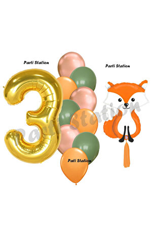 Woodland Tilki Balon 7 Yaş Balon Set Sevimli Tilki Balon ve Gold Rakam Balon Demeti Doğum Günü Seti