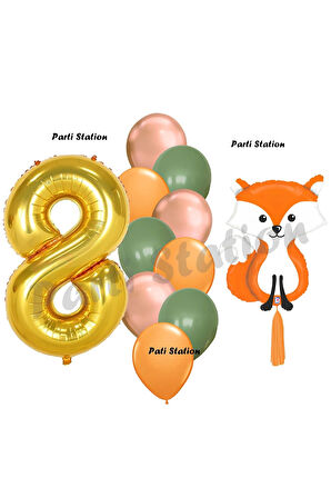 Woodland Tilki Balon 7 Yaş Balon Set Sevimli Tilki Balon ve Gold Rakam Balon Demeti Doğum Günü Seti