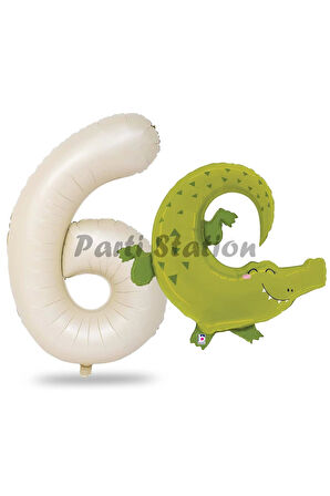 Safari Timsah Balon 1 Yaş doğum Günü Balon Set Safari Konsept Timsah Balon ve Krem Renk Rakam Balon