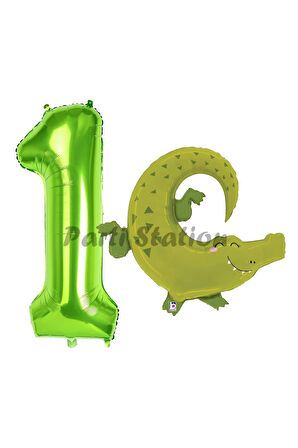 Safari Timsah Balon 8 Yaş Doğum Günü Balon Set Safari Konsept Timsah Balon ve Yeşil Renk Rakam Balon