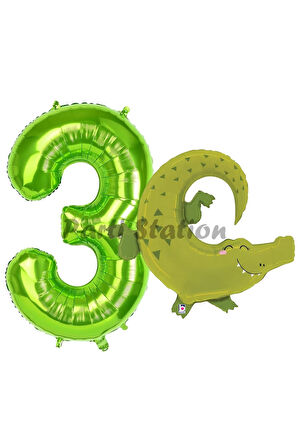 Safari Timsah Balon 8 Yaş Doğum Günü Balon Set Safari Konsept Timsah Balon ve Yeşil Renk Rakam Balon