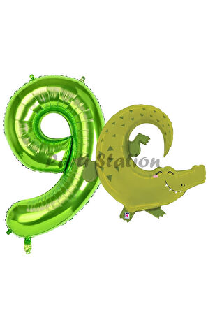 Safari Timsah Balon 8 Yaş Doğum Günü Balon Set Safari Konsept Timsah Balon ve Yeşil Renk Rakam Balon