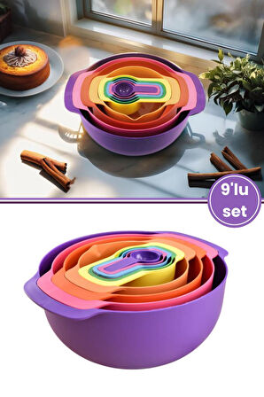 Flora Easy Mix Karıştırma Kabı Seti 9 Parça- Ölçü Kaşığı ve Süzgeçli Hazırlık Set MOR
