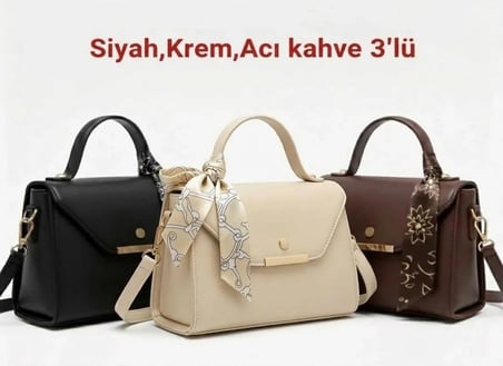 Arvelia Siyah, Krem, Acı Kahve 3’lü Paket Suni Deri Fular Detaylı El Ve Omuz Çantası 