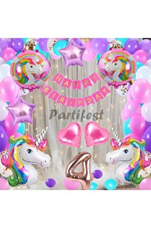 Gökkuşağı Unicorn Konsept 4 Yaş Balon Doğum Günü Set Tek Boynuzlu At Unicorn Yaş Balon Set