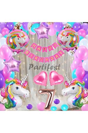 Gökkuşağı Unicorn Konsept 7 Yaş Balon Doğum Günü Set Tek Boynuzlu At Unicorn Yaş Balon Set
