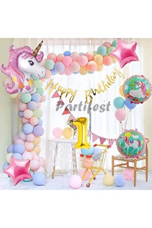 Unicorn Konsept 1 Yaş Balon Doğum Günü Set Tek Boynuzlu At Unicorn Yaş Balon Set