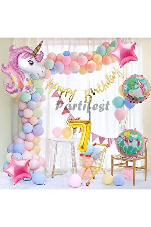 Unicorn Konsept 7 Yaş Balon Doğum Günü Set Tek Boynuzlu At Unicorn Yaş Balon Set