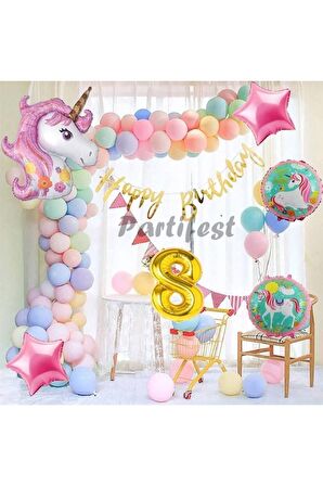 Unicorn Konsept 8 Yaş Balon Doğum Günü Set Tek Boynuzlu At Unicorn Yaş Balon Set