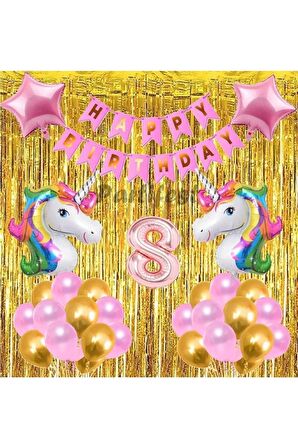Gökkuşağı Unicorn Konsept 8 Yaş Balon Doğum Günü Set Gökkuşağı Altın Renk Unicorn Yaş Balon Set