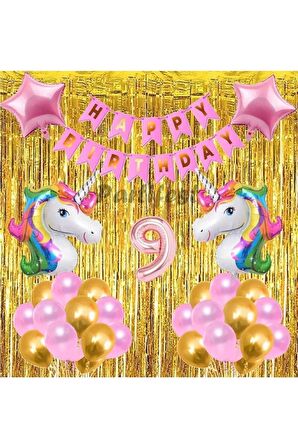 Gökkuşağı Unicorn Konsept 9 Yaş Balon Doğum Günü Set Gökkuşağı Altın Renk Unicorn Yaş Balon Set