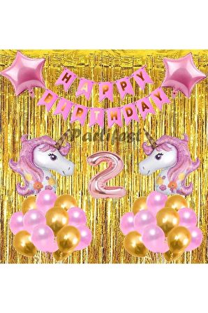 Pembe Unicorn Konsept 2 Yaş Balon Doğum Günü Set Gökkuşağı Unicorn Yaş Balon Set