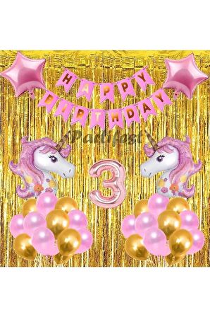 Pembe Unicorn Konsept 3 Yaş Balon Doğum Günü Set Gökkuşağı Unicorn Yaş Balon Set