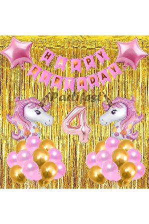 Pembe Unicorn Konsept 4 Yaş Balon Doğum Günü Set Gökkuşağı Unicorn Yaş Balon Set