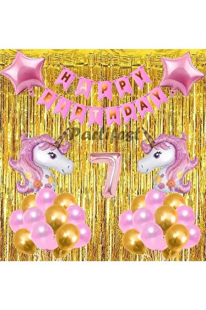 Pembe Unicorn Konsept 7 Yaş Balon Doğum Günü Set Gökkuşağı Unicorn Yaş Balon Set