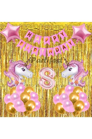 Pembe Unicorn Konsept 8 Yaş Balon Doğum Günü Set Gökkuşağı Unicorn Yaş Balon Set