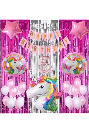 Gökkuşağı Unicorn Konsept 5 Yaş Balon Doğum Günü Set Gökkuşağı Unicorn Yaş Balon Set