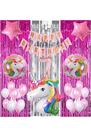 Gökkuşağı Unicorn Konsept 7 Yaş Balon Doğum Günü Set Gökkuşağı Unicorn Yaş Balon Set
