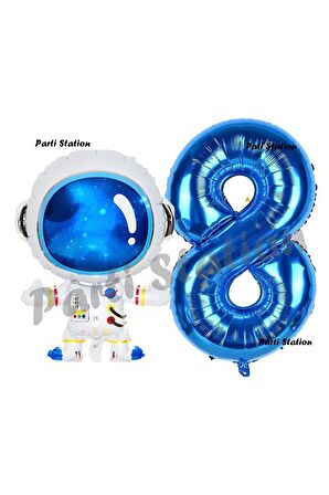 Uzay Astronot Konsept 8 Yaş Balon Set Uzay Astronot ve Lacivert Rakam Balon Doğum Günü Balon Set