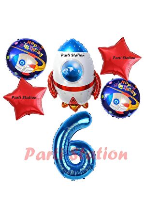 Roket Uzay Astronot Konsept 6 Yaş Balon Set Uzay Roketi ve Yıldız Balon Doğum Günü Balon Set