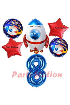 Roket Uzay Astronot Konsept 8 Yaş Balon Set Uzay Roketi ve Yıldız Balon Doğum Günü Balon Set