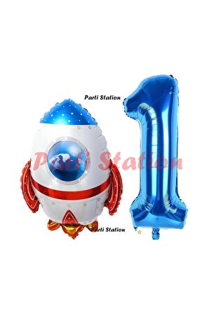 Roket Uzay Astronot Konsept 1 Yaş Balon Set Uzay Roketi ve Lacivert Rakam Balon Doğum Günü Balon Set
