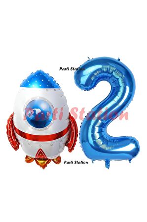 Roket Uzay Astronot Konsept 2 Yaş Balon Set Uzay Roketi ve Lacivert Rakam Balon Doğum Günü Balon Set