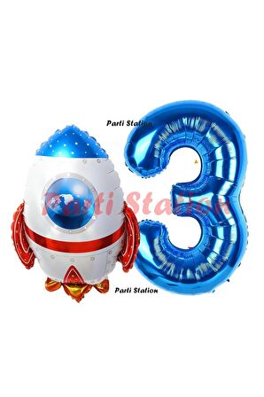 Roket Uzay Astronot Konsept 3 Yaş Balon Set Uzay Roketi ve Lacivert Rakam Balon Doğum Günü Balon Set