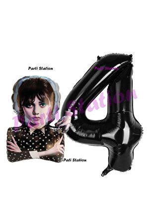 Wednesday 4 Yaş Balon ve Siyah Rakam Balon Doğum Günü Parti Set Wednesday Addams Balon
