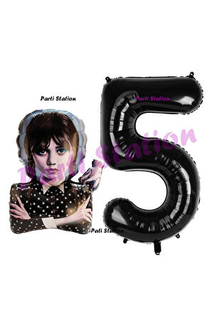 Wednesday 4 Yaş Balon ve Siyah Rakam Balon Doğum Günü Parti Set Wednesday Addams Balon