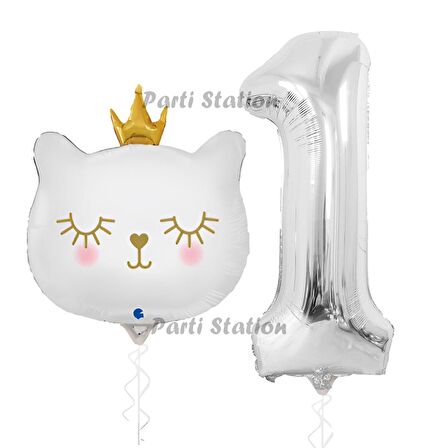 Beyaz Kedi 1 Yaş Doğum Günü Balon Set White Cat White Kitty Konsept Parti Balon Set Beyaz Kedi Tema