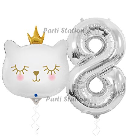 Beyaz Kedi 8 Yaş Doğum Günü Balon Set White Cat White Kitty Konsept Parti Balon Set Beyaz Kedi Tema