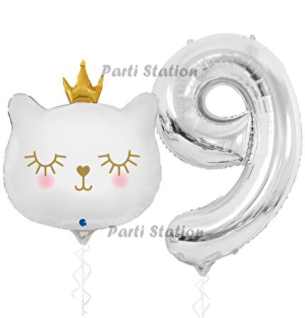 Beyaz Kedi 9 Yaş Doğum Günü Balon Set White Cat White Kitty Konsept Parti Balon Set Beyaz Kedi Tema